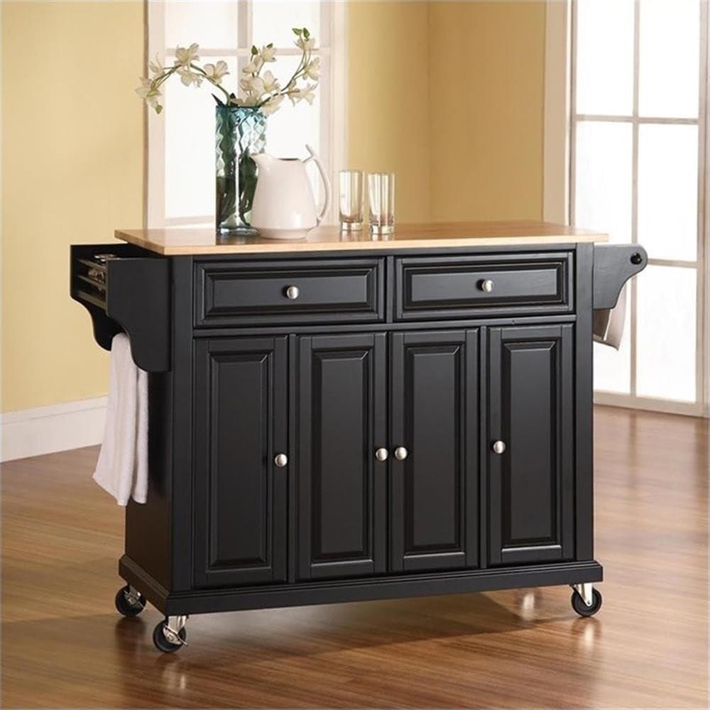 Full Size Wood Top Kitchen Cart Black - Crosley: Mobile Storage, 3 Cabinets, Spice Rack