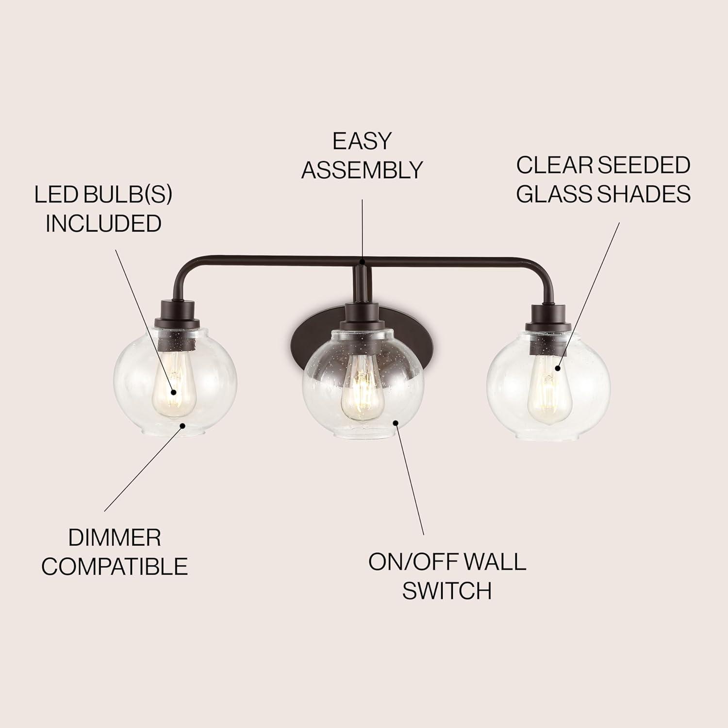 JONATHAN Y Sandrine 26.25" 3-Light Iron/Seeded Glass Cottage Rustic LED Vanity Light, Oil Rubbed Bronze