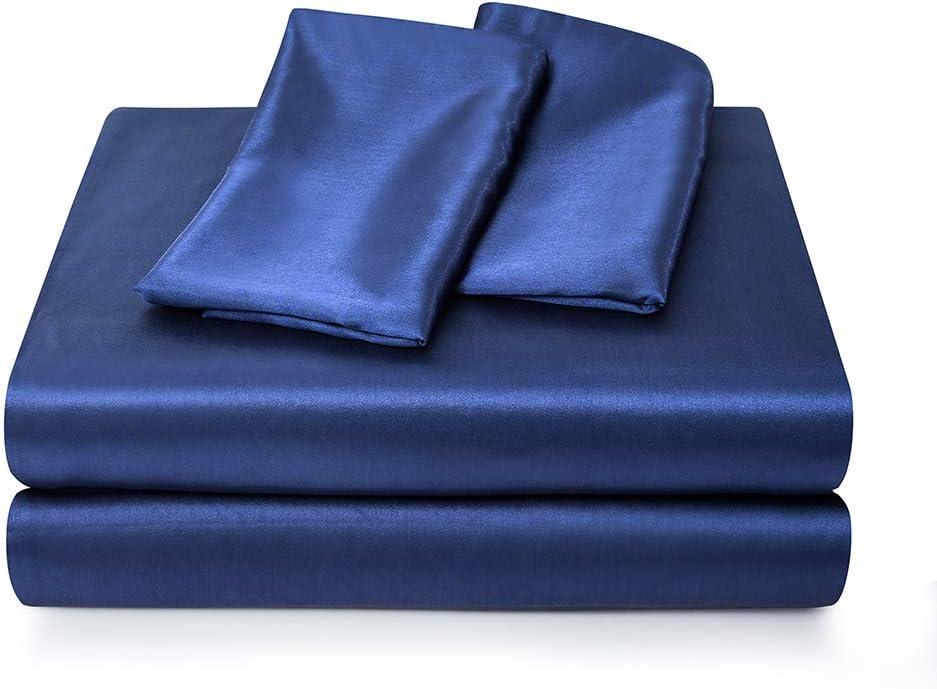 Satin Bed Sheets Full Size Sheet Sets, Navy Blue Silk Sheets, 4 - Pieces Soft Bedding Set with 1 Deep Pocket Fitted Sheet,1 Flat Sheet,2 Pillowcase