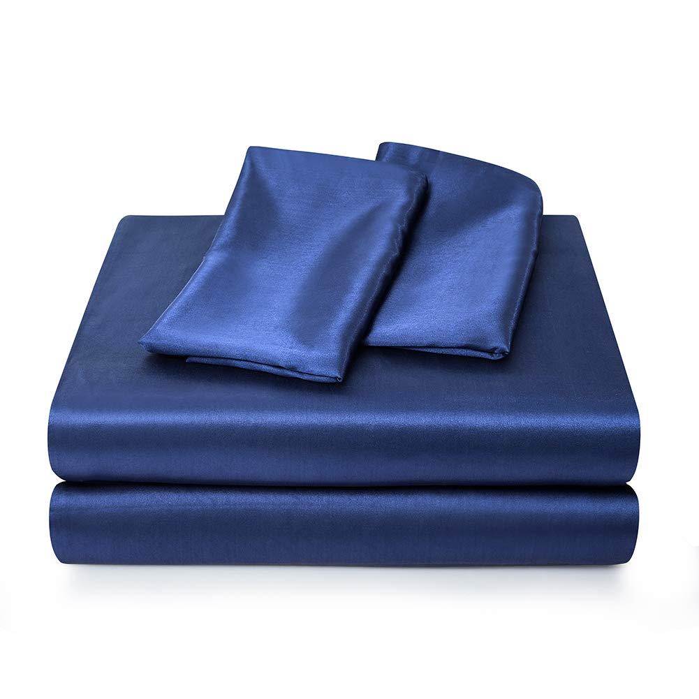 Satin Bed Sheets Full Size Sheet Sets, Navy Blue Silk Sheets, 4 - Pieces Soft Bedding Set with 1 Deep Pocket Fitted Sheet,1 Flat Sheet,2 Pillowcase
