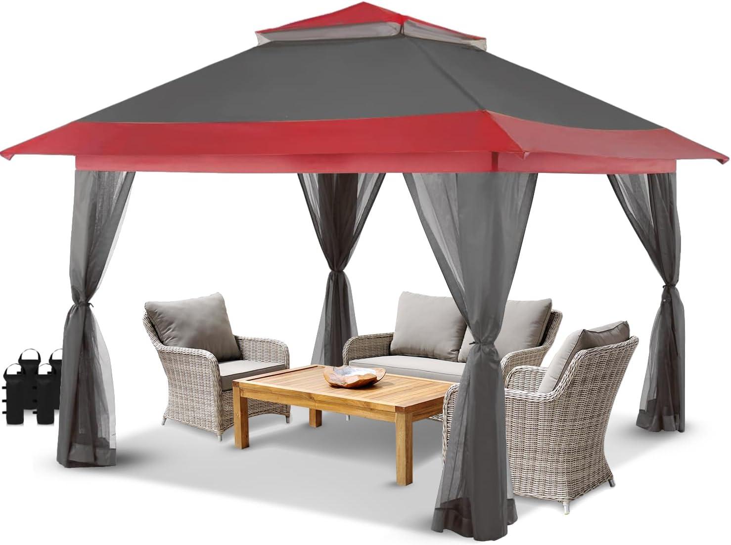 Red and Grey 13x13 Pop Up Gazebo with Netting and Steel Frame