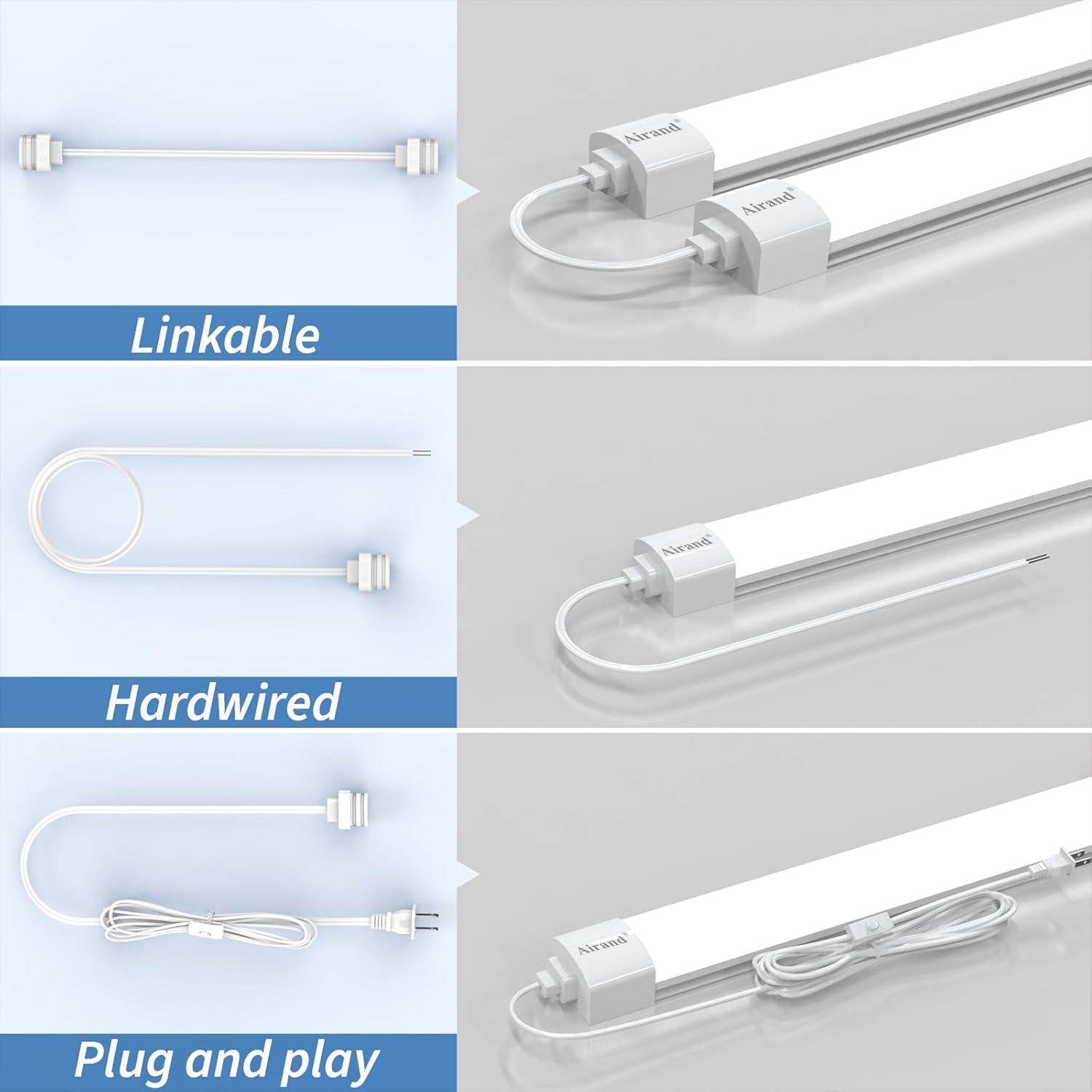 Airand LED Shop Lights for Garage 4FT with Plug, Utility Linkable LED Tube Light 5000K Under Cabinet Lighting,3600 LM LED Ceiling and Closet Light 36W, Corded Electric with ON/Off Switch