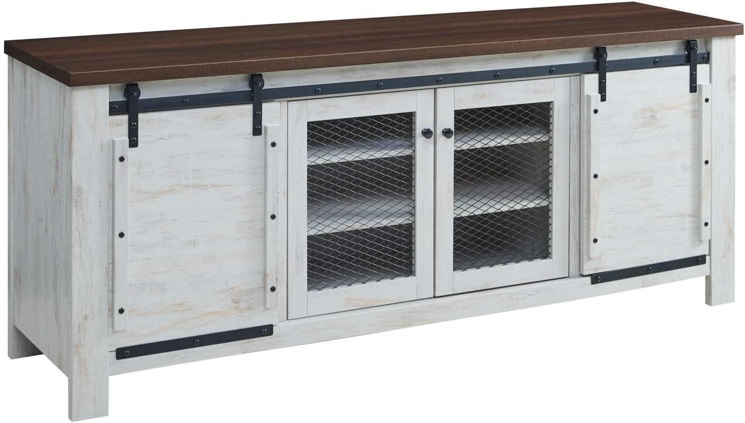 Bennington Rustic White Sliding Door TV Stand with Cabinet