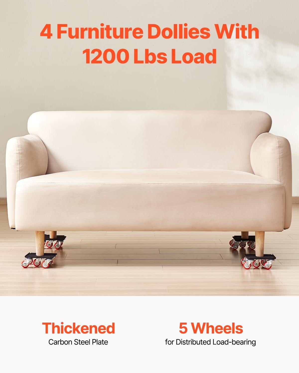 VEVOR Furniture Dolly, Maximum Load 1200 lbs, Heavy Duty Furniture Movers with 5 360° Rotation Wheels, Carbon Steel Panel, Furniture Lift Slider Tool Set for Appliances, Sofa, Fridge, Washing Machine