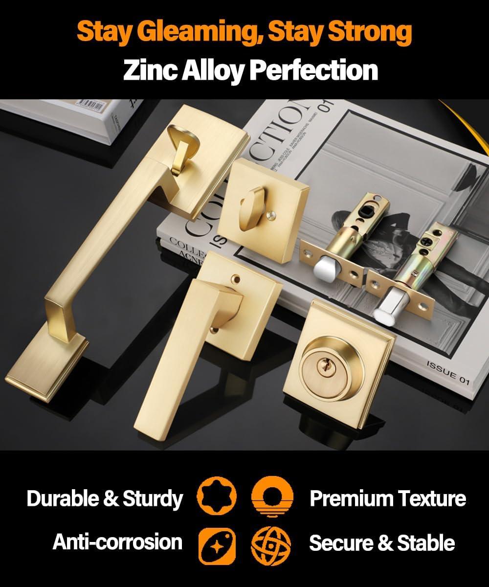 Front Door Lock Set - Exterior Door Handle Set with Deadbolt Door Lock Single Cylinder Interior Entry Handle with Lever Reversible Left & Right Gold