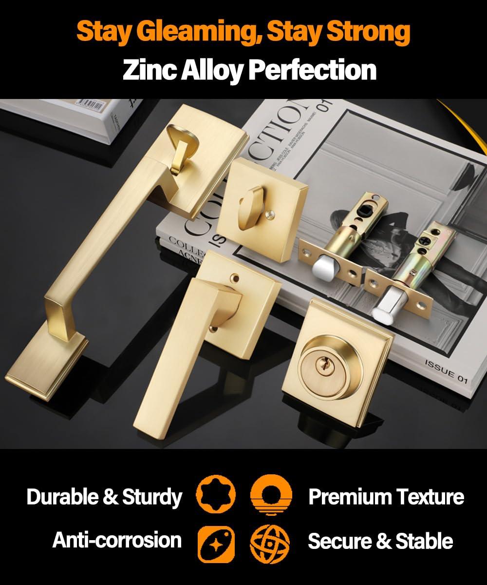 Front Door Lock Set - Exterior Door Handle Set with Deadbolt Door Lock Single Cylinder Interior Entry Handle with Lever Reversible Left & Right Gold