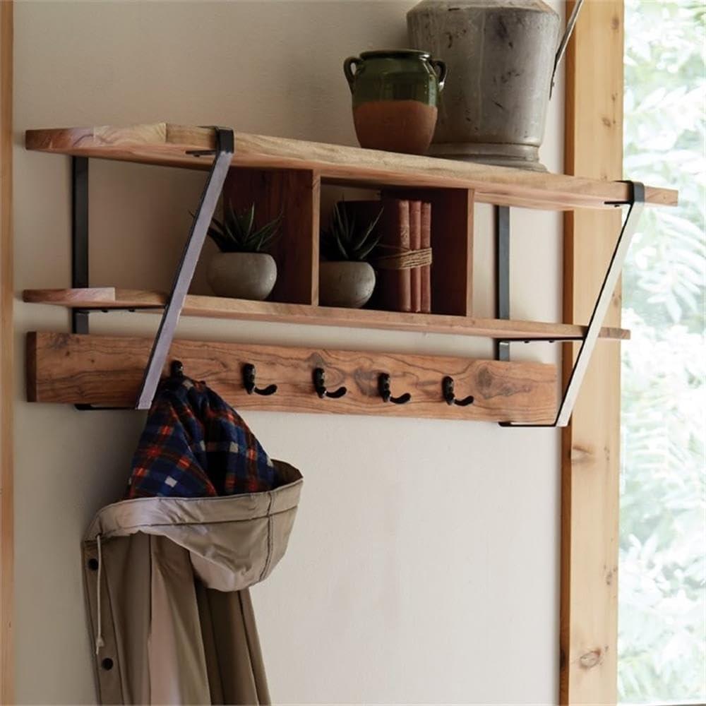 Ryegate Natural Acacia Wood Wall Shelf with Black Metal Hooks