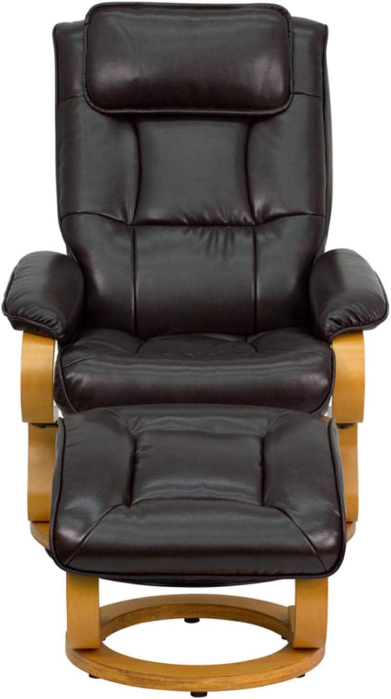 Flash Furniture Contemporary Adjustable Recliner and Ottoman with Swivel Maple Wood Base in Brown LeatherSoft