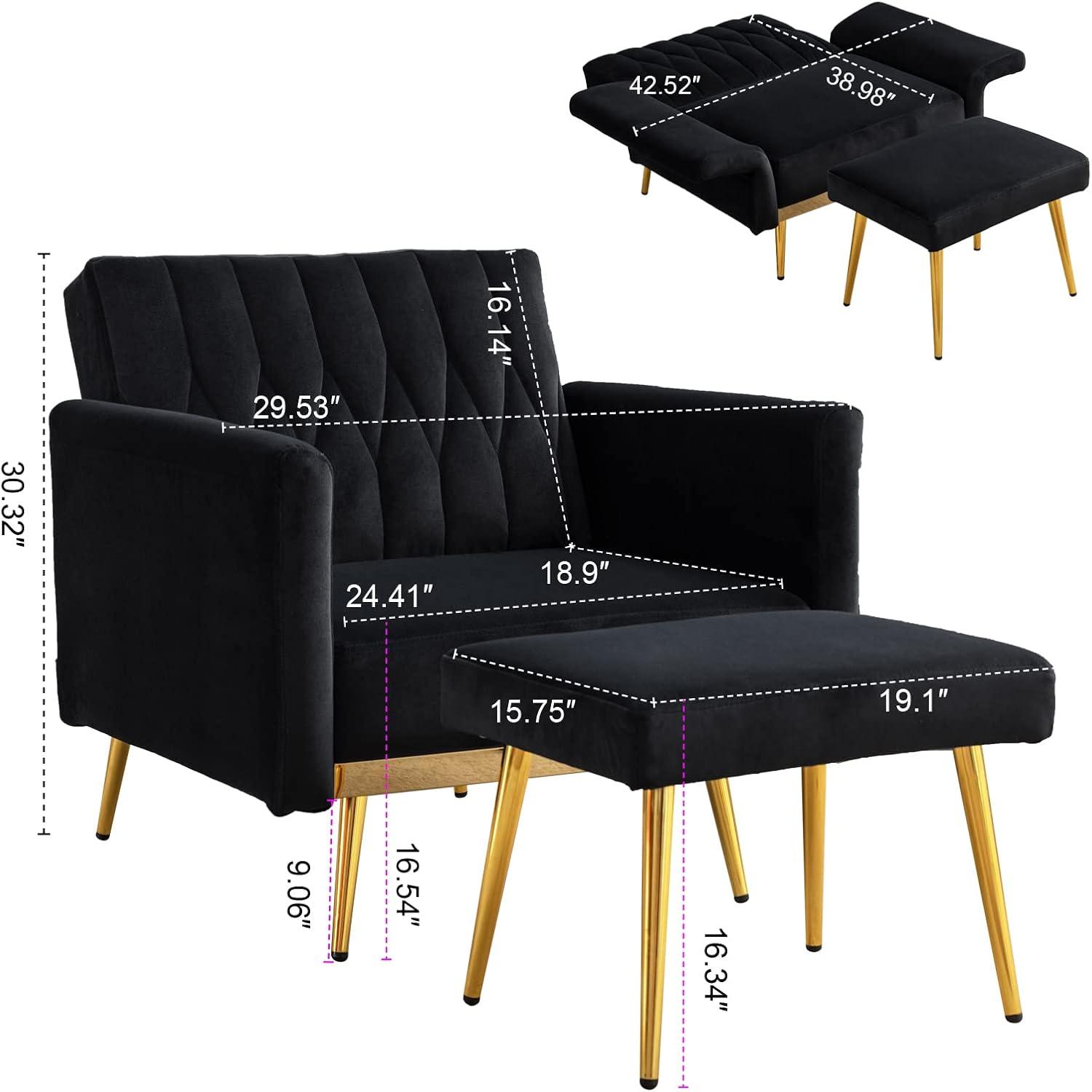 Black Velvet Accent Chair with Ottoman and Gold Metal Legs