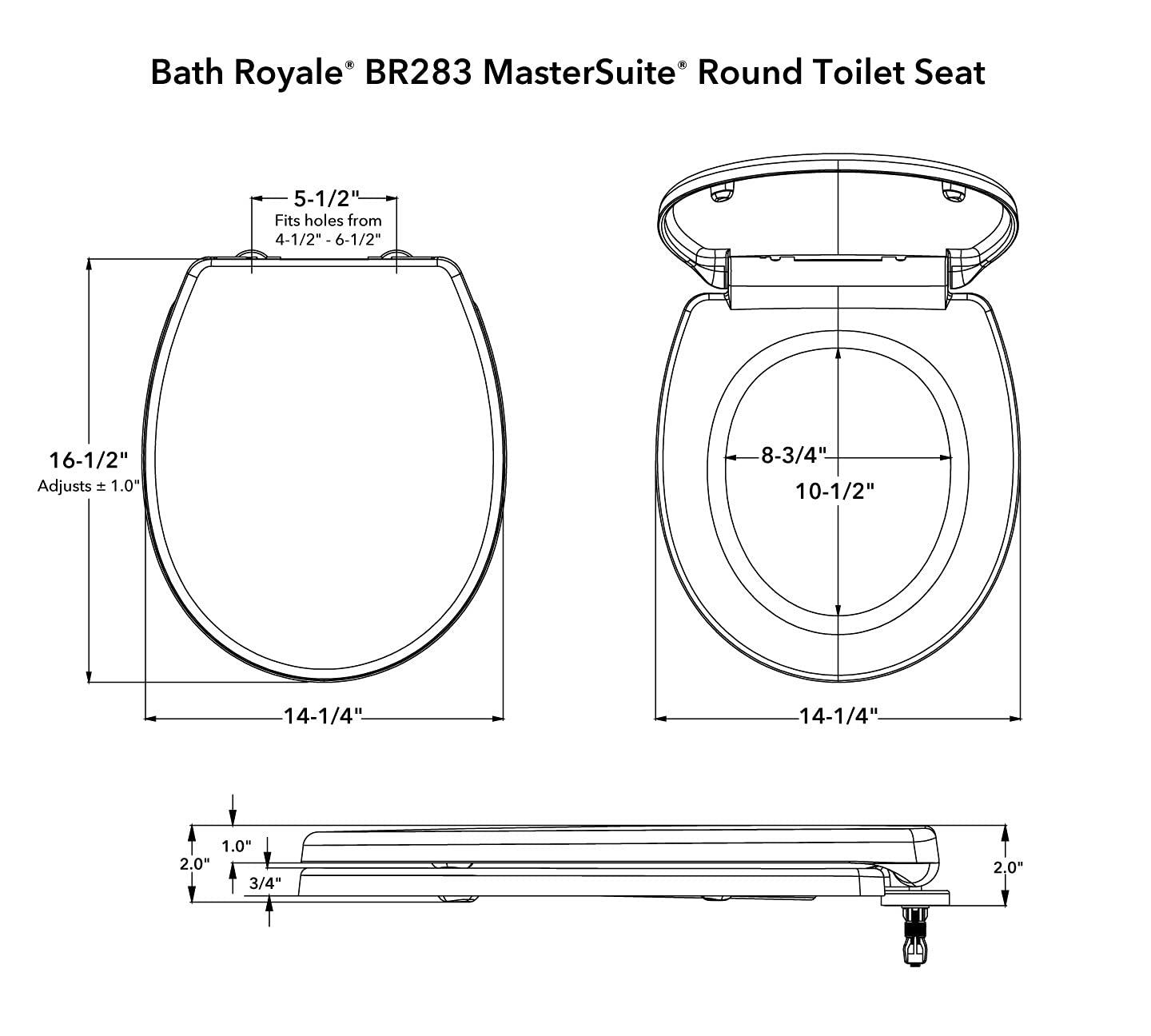 Slow Close Toilet Seat Round BR283-00 Heavy Duty & Scratch Resistant, Fits All Toilet Brands, MasterSuite Series
