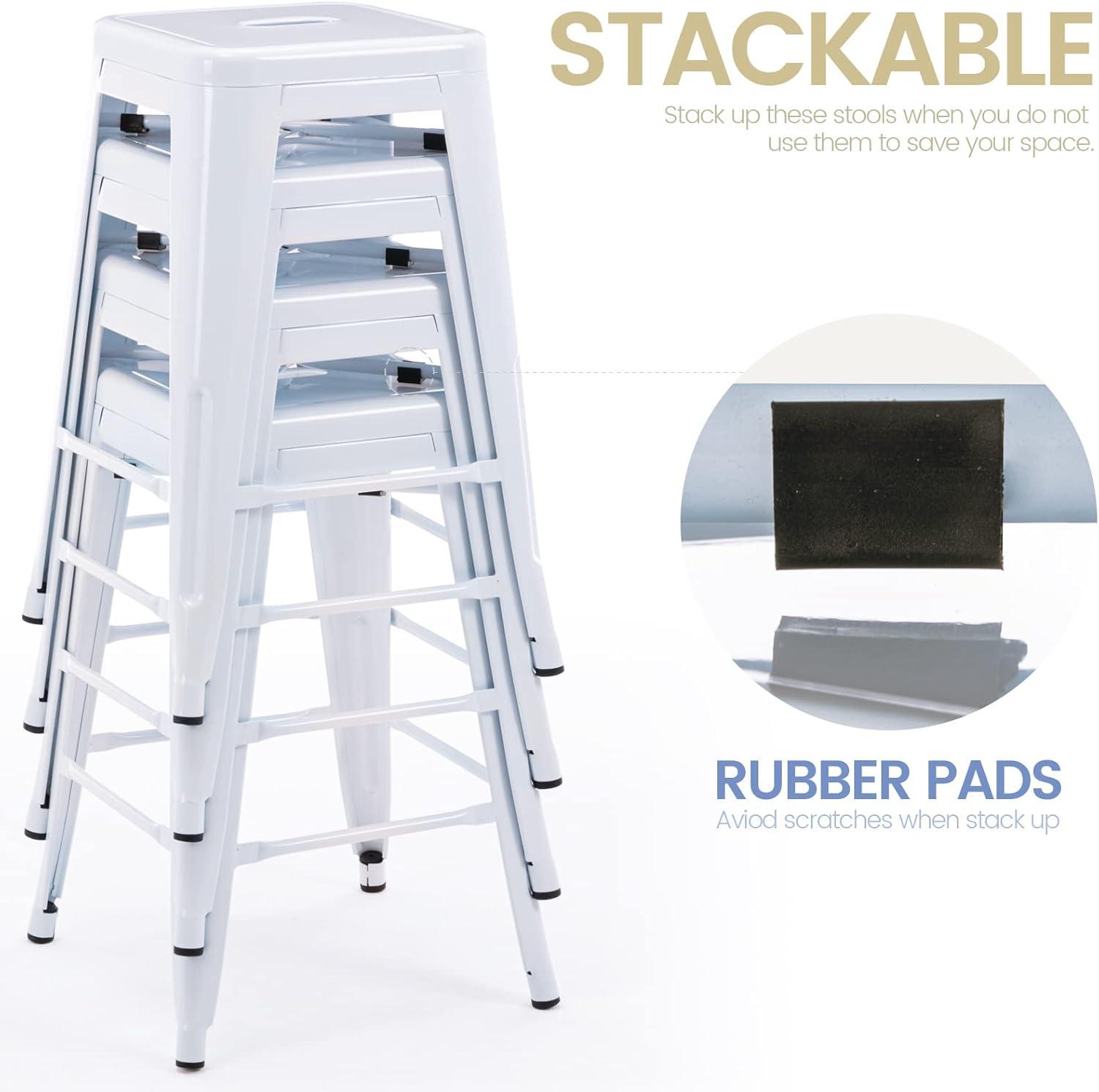 BestMassage Set of 4 Stackable Metal Bar Stools 24 Inch Counter Barstool Height Backless, White