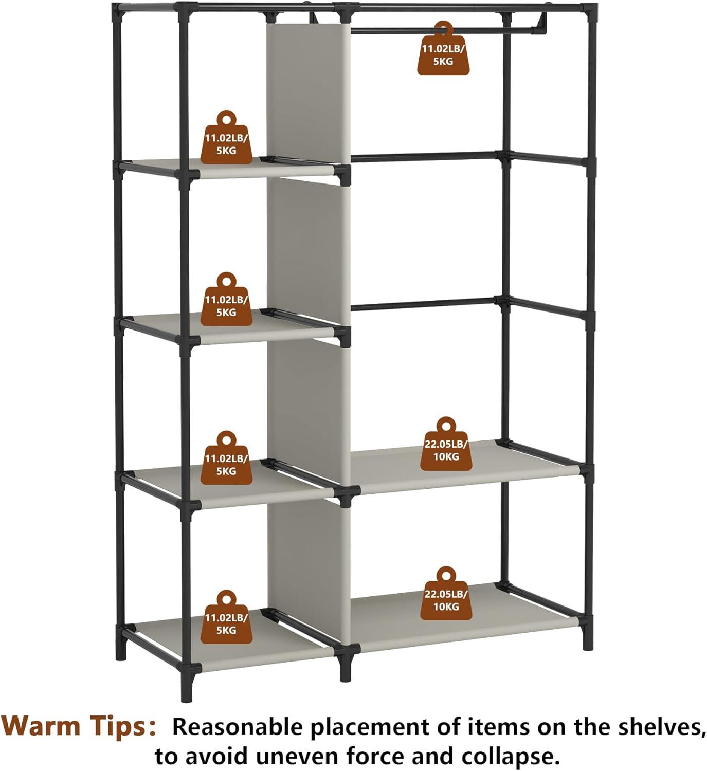 Calmootey Portable Closet Organizers, Clothing Storage, Wardrobe with 6 Shelves and Hanging Rod, Non-Woven Fabric Cover with 4 Side Pockets, Black
