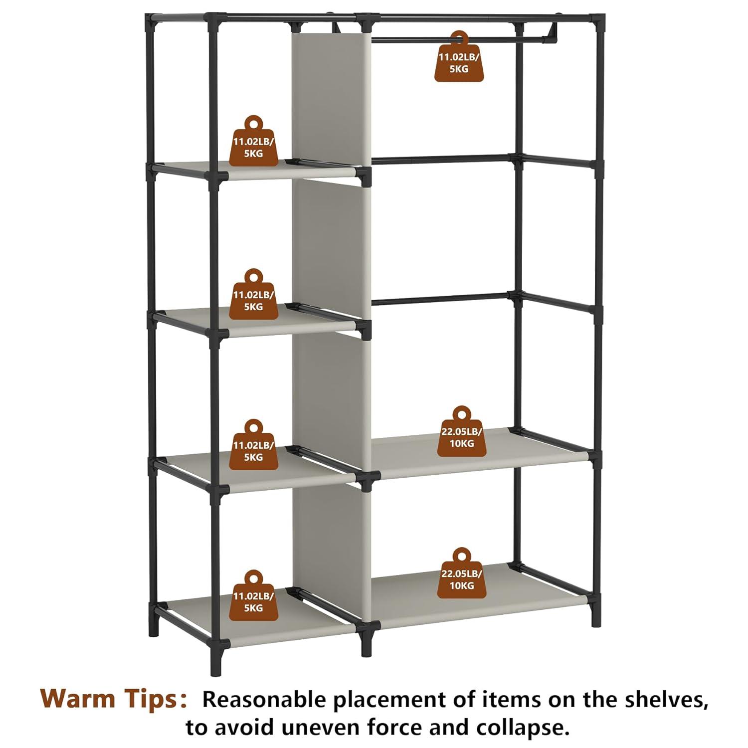 Calmootey Portable Closet Organizers, Clothing Storage, Wardrobe with 6 Shelves and Hanging Rod, Non-Woven Fabric Cover with 4 Side Pockets, Black