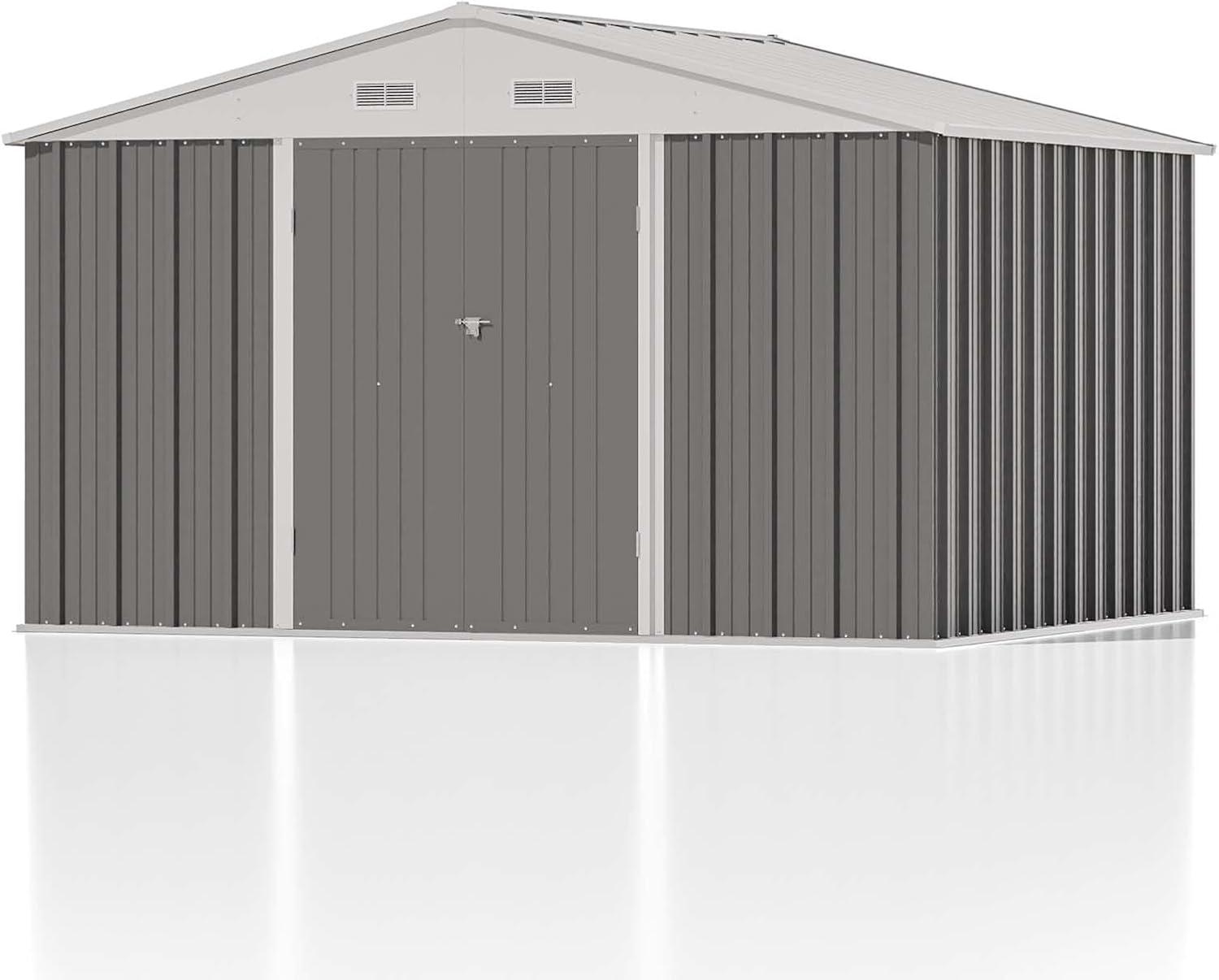 Patiowell  10 x 8 ft. Outdoor Storage Metal Shed with Sloping Roof and Double Lockable Door, Gray