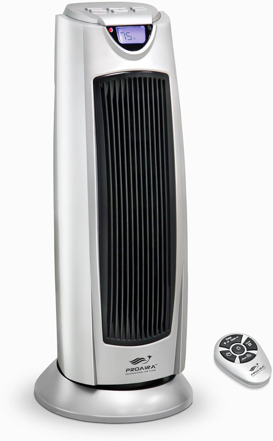 Silver Ceramic Electric Tower Heater with Thermostat and Remote