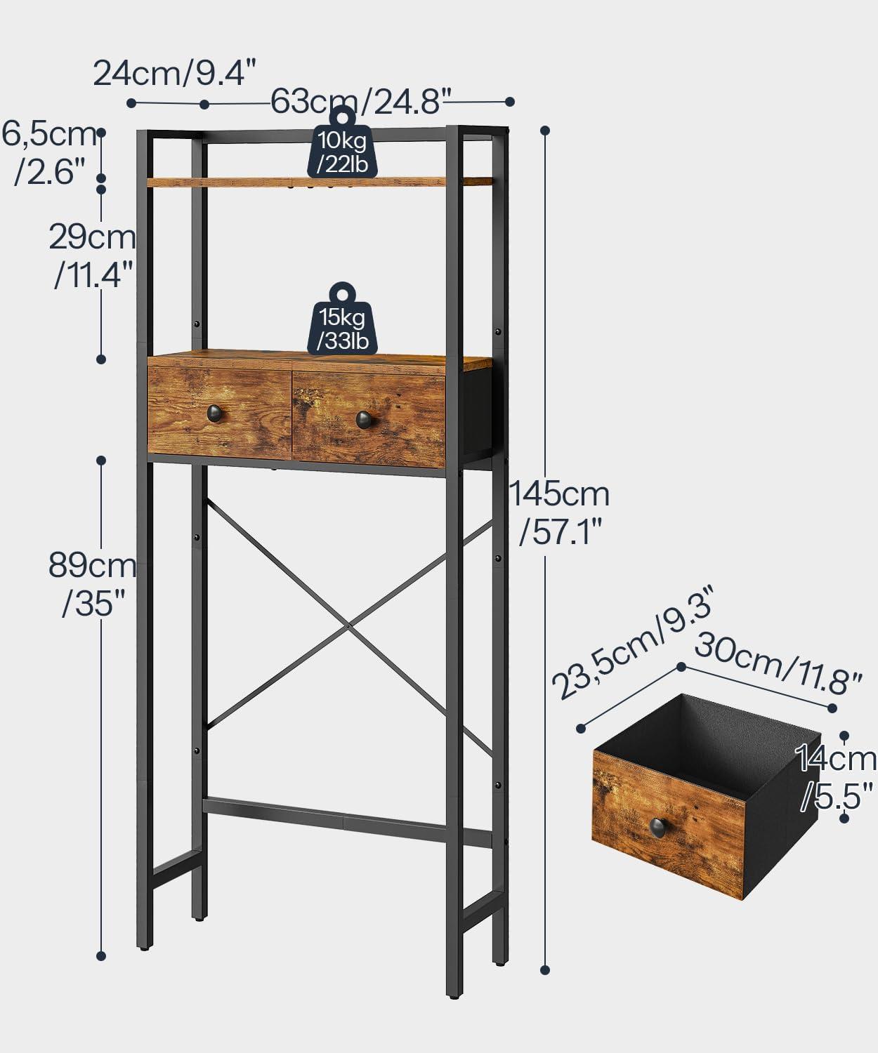 HOOBRO Over-The-Toilet Storage Rack with 2 Drawers, 3-Tier Bathroom Organizer Shelf Over Toilet, Freestanding Toilet Shelf, Storage Cabinet, Rustic Brown and Black BF47TS01