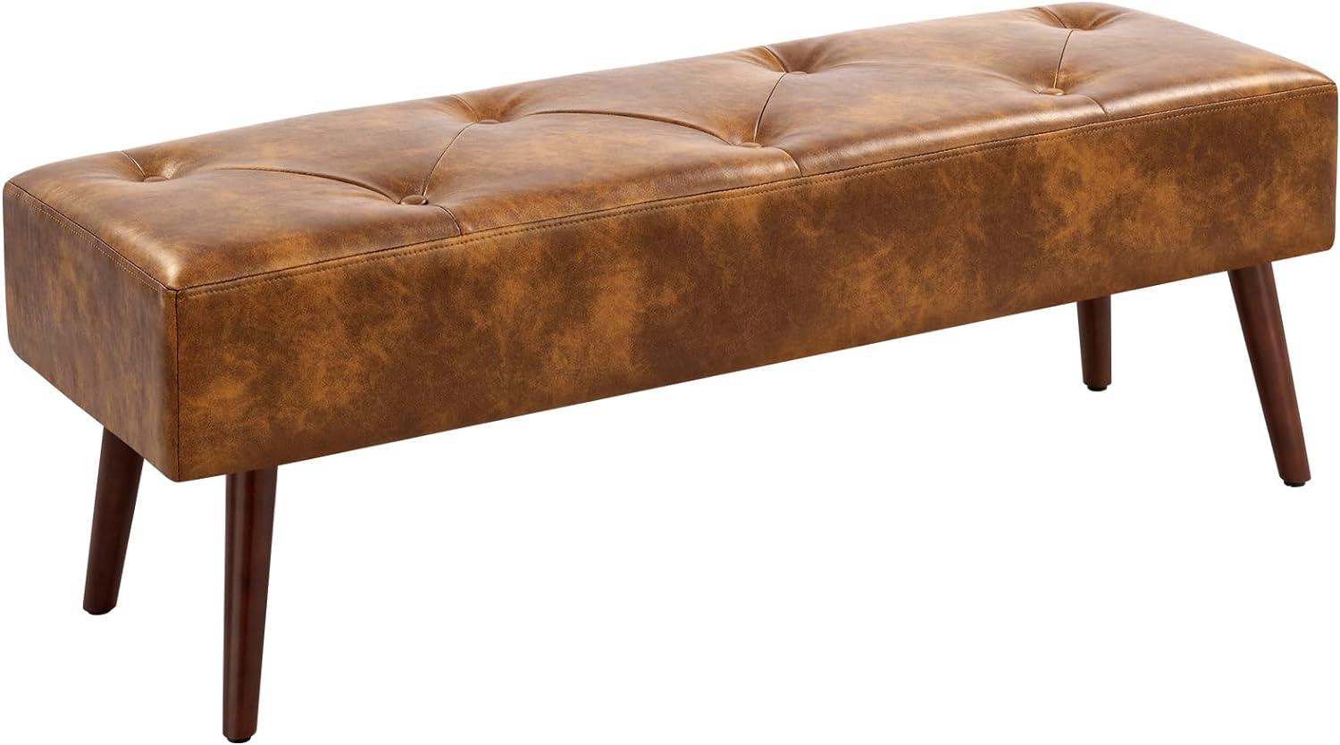 44-Inch Brown Tufted Leather Bench with Tapered Wood Legs