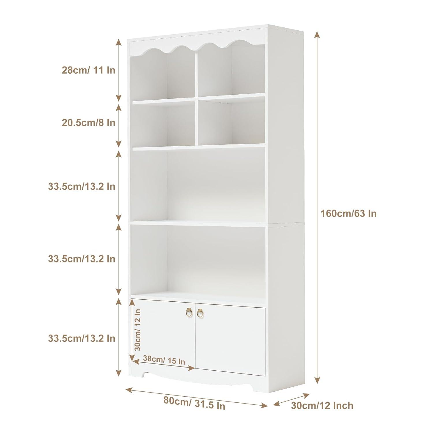 5-Tier White Bookcase, 63 Inch Tall Bookshelf with Open Storage Shelves & Doors, Modern Wooden Floor Standing Display Storage Shelves