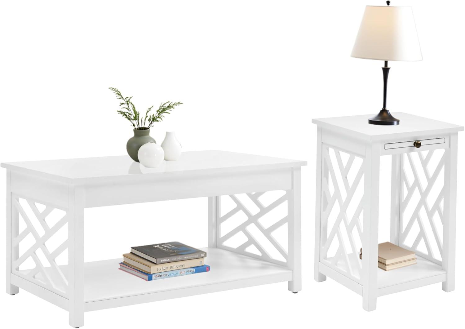 36" Middlebury Coffee Table and End Table with Tray White - Alaterre Furniture: Pull-Out Tray, 2-Piece Set