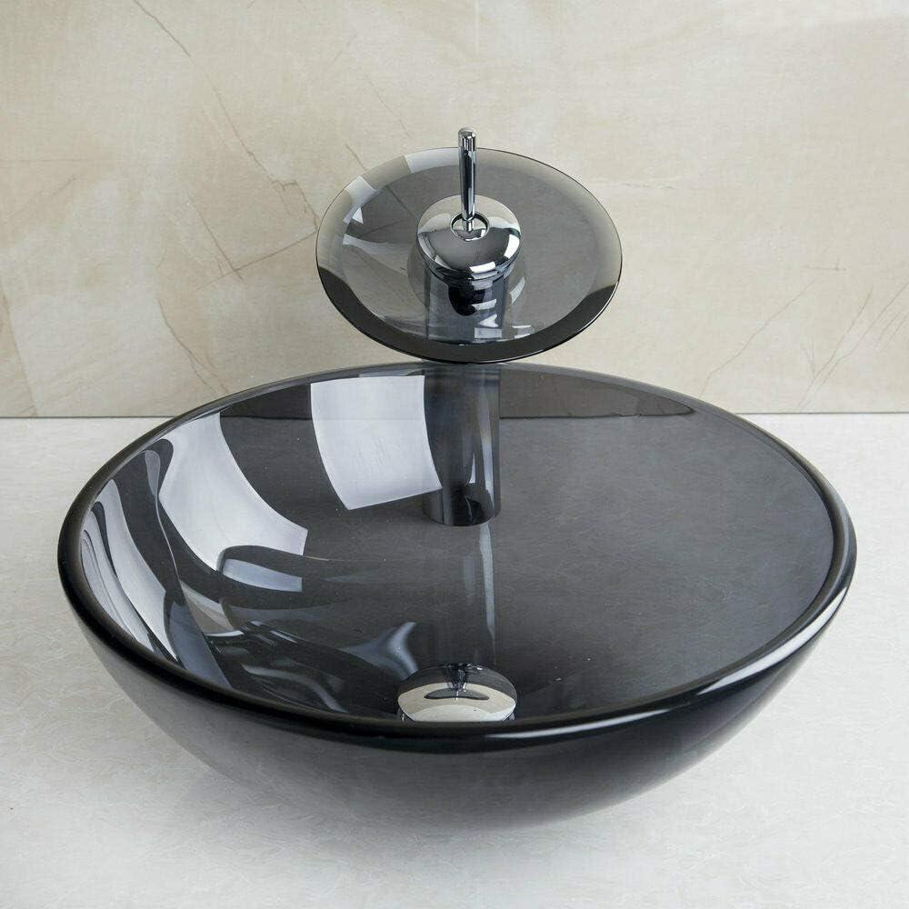 Black Glass Vessel Sink With Faucet And Drain 16 inch Round Tempered Glass Bathroom Basin Above Counter Transparent Clear Black Glass Bowl Sinks For Bathrooms Vanity Top