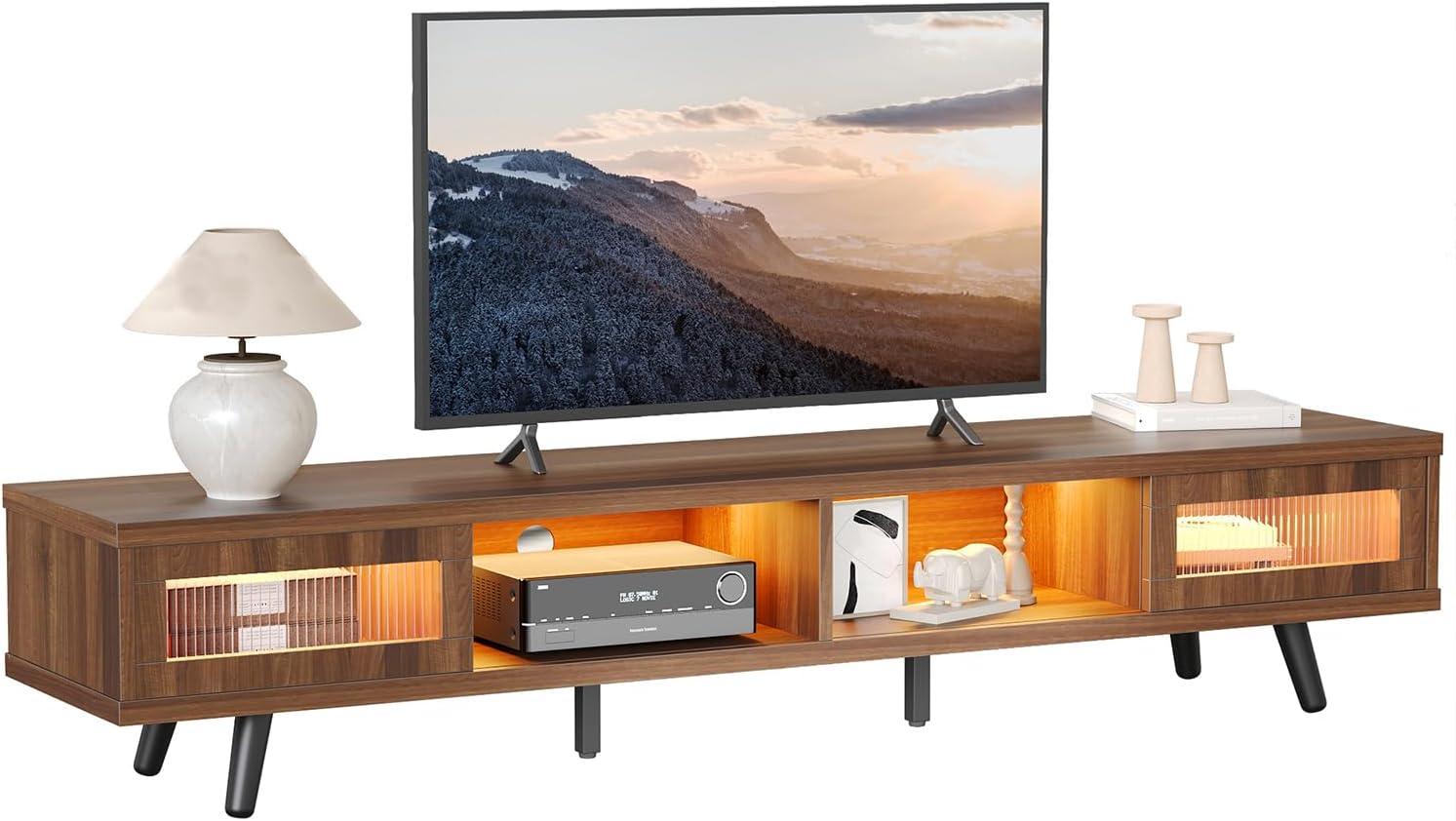 Ancona Walnut Mid Century Modern TV Stand with LED Lights