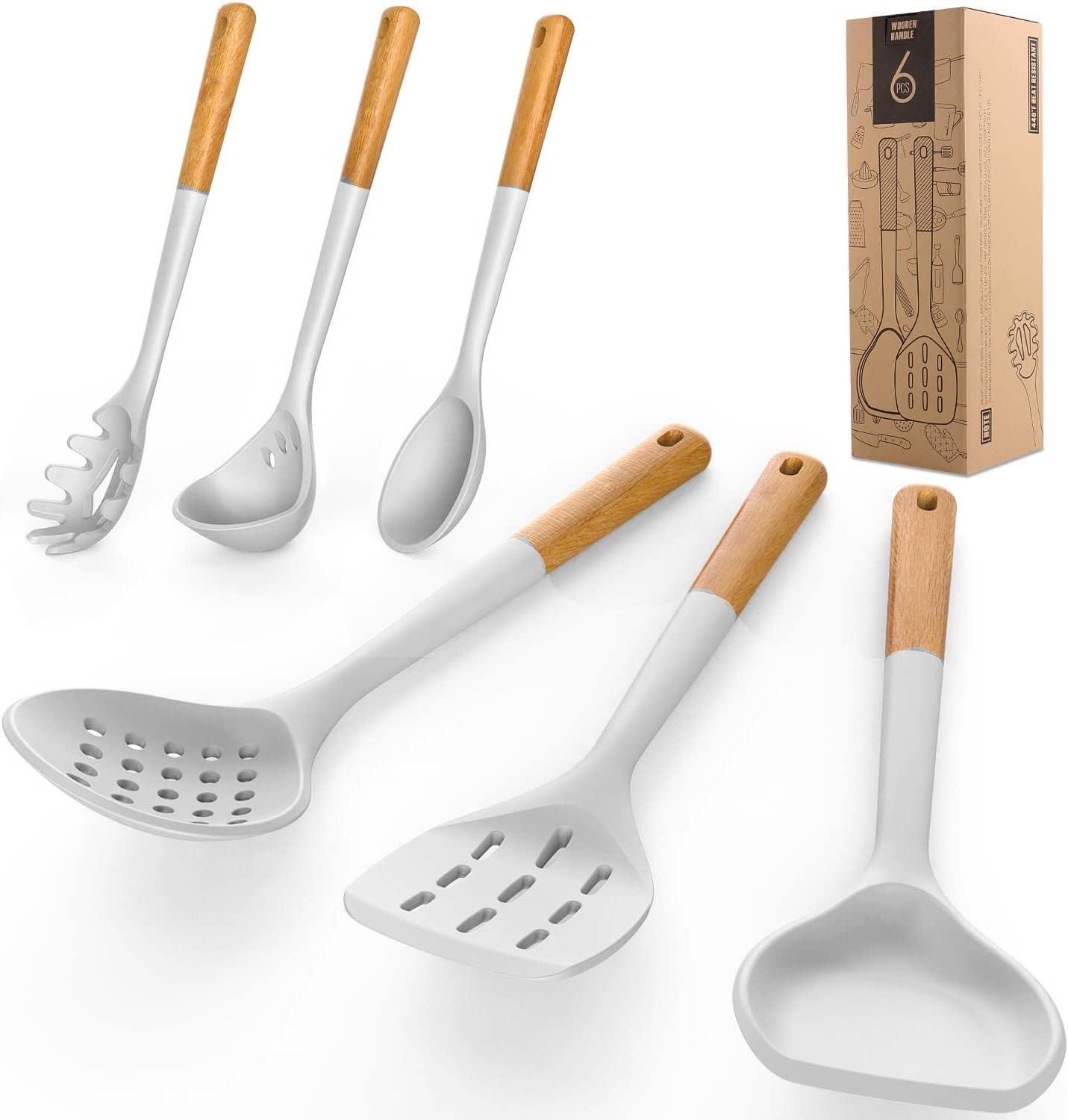 Large Silicone Cooking Utensils - Heat Resistant Kitchen Utensil Set with Wooden Handles, Spatula,Turner, Slotted Spoon, Pasta server, Kitchen Gadgets Tools Sets for Non-Stick Cookware (Warm White)