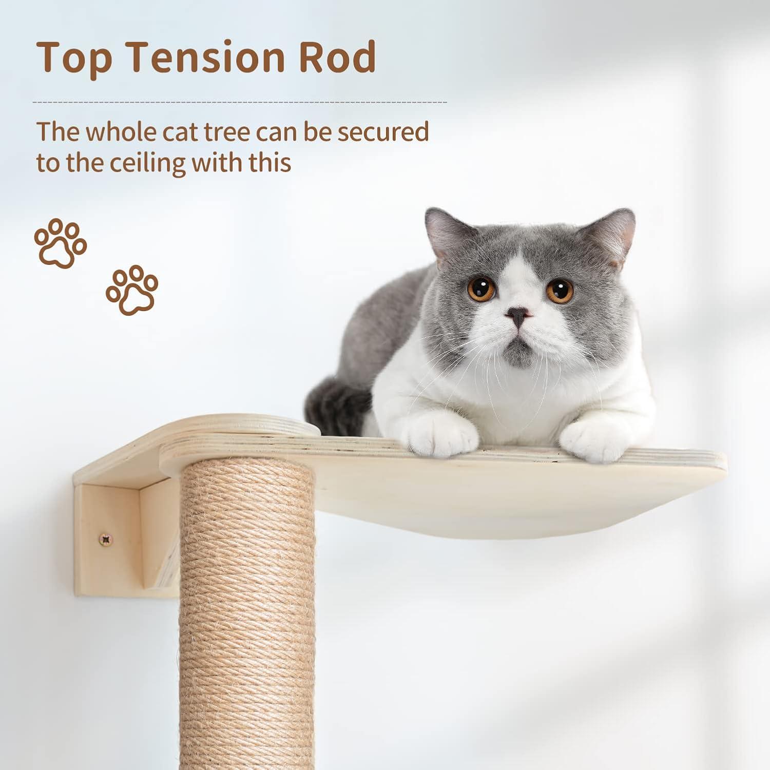 Wood Cat Tower Floor to Ceiling Adjustable, Tree Tall Cat Scratching Post, Cat Tree with 3-Tier Floor for Climb, Cat Climbing Tower Vertical with Natural Sisal Rope