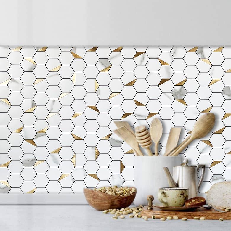 DICOFUN 10-Sheet Hexagon Tile Peel and Stick Backsplash, White Marble Look PVC Mixed Golden Metal Mosaic Tiles for Kitchen and Bathroom