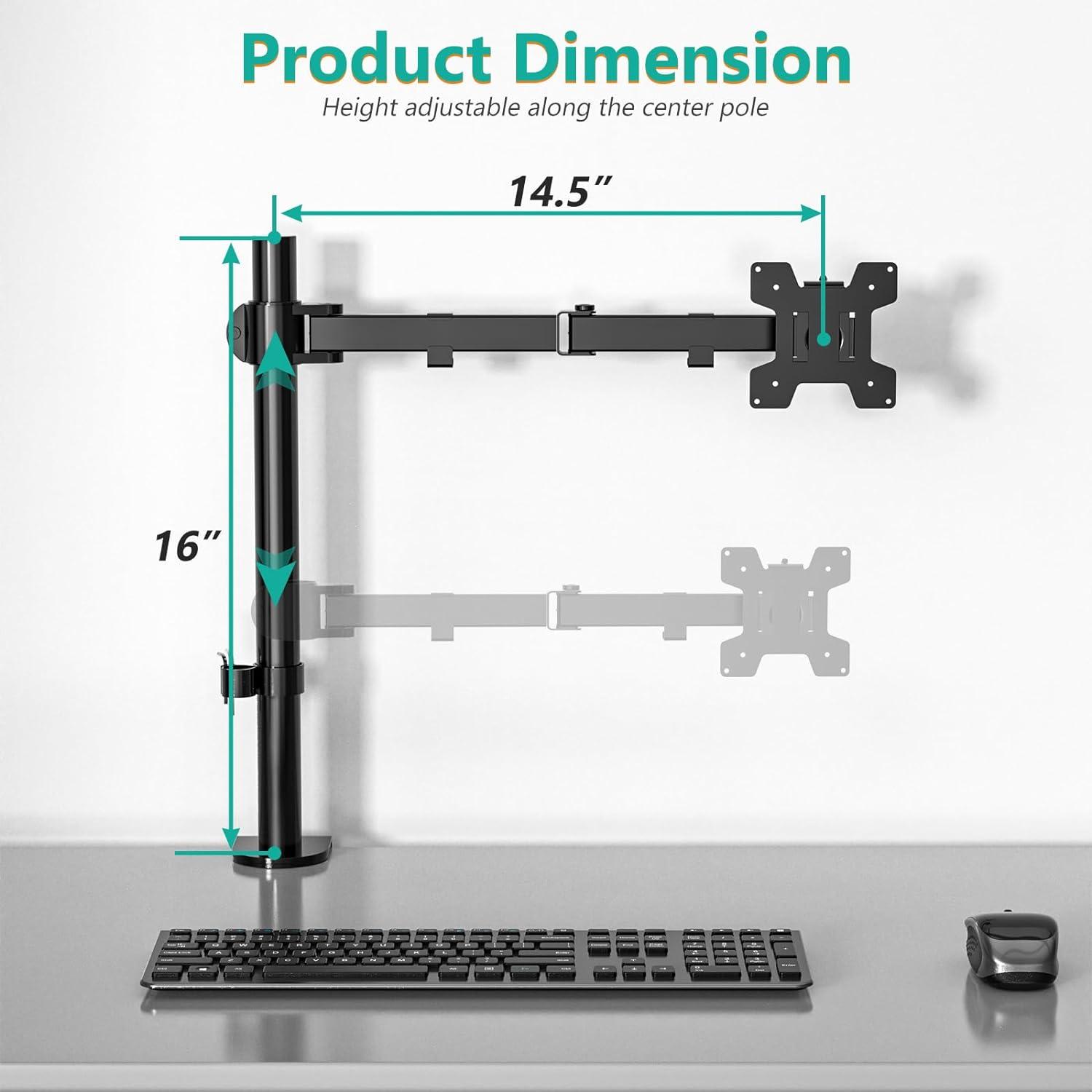 Black Adjustable Single Monitor Desk Mount with Riser