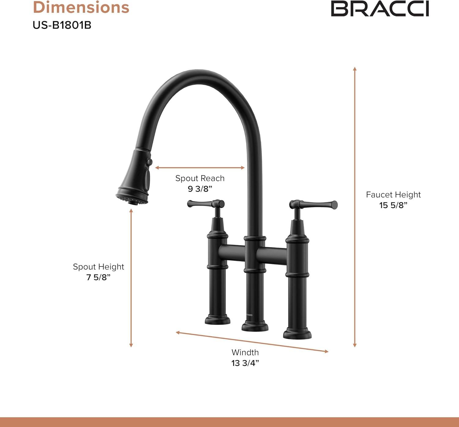 Matte Black Double Handle Bridge Kitchen Faucet with Pull-Down Spray