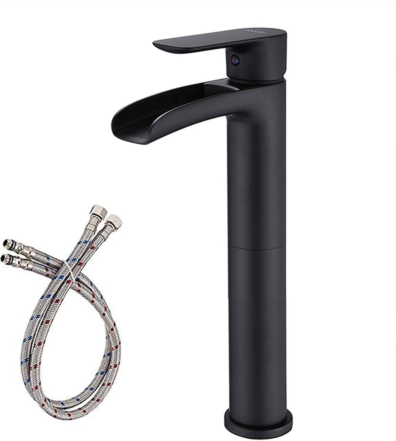 NEWATER Matte Black Tall Bathroom Vessel Sink Faucet, Single Hole Single Handle Waterfall Modern Bathroom Faucet, Vanity Faucet with Water Supply Line