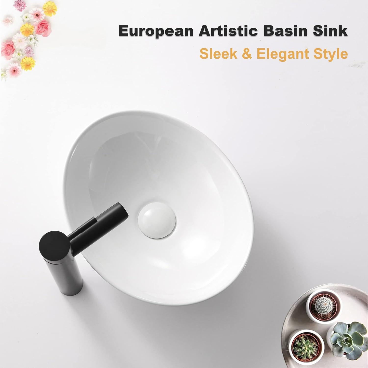 Bathivy Oval Vessel Sink, 14.6'' x 11.6'' Modern Above Counter Oval Bathroom Sink, Small White Porcelain Bathroom Vessel Sink with Pop Up Drain