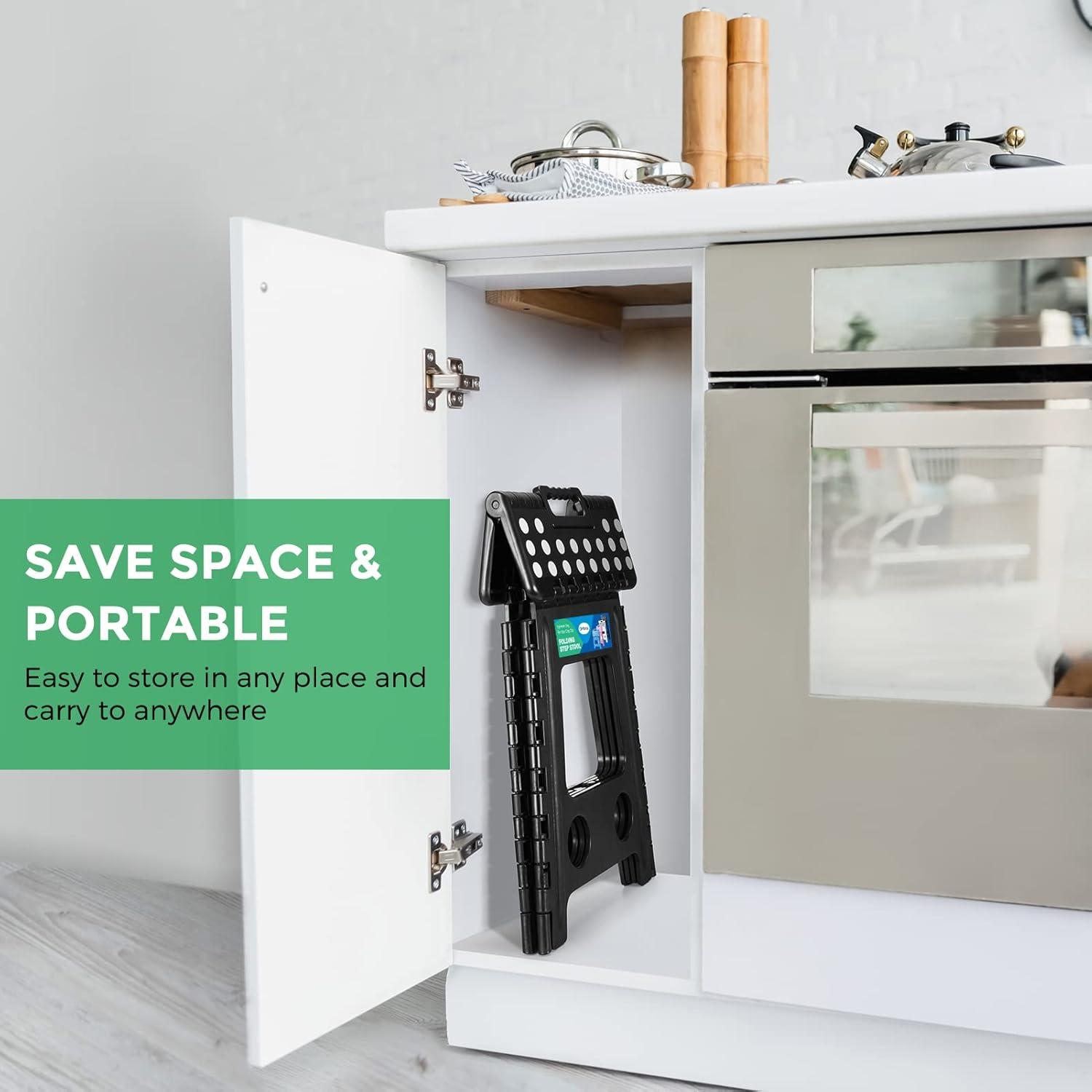 Dyforce 16 Inch Folding Step Stool 400lbs Capacity Sturdy Plastic Foldable Step Stools for Adults Stepping Stool with Handle Easy to Carry Handle Folding Stool Ideal for Kitchen (Black 1PC)