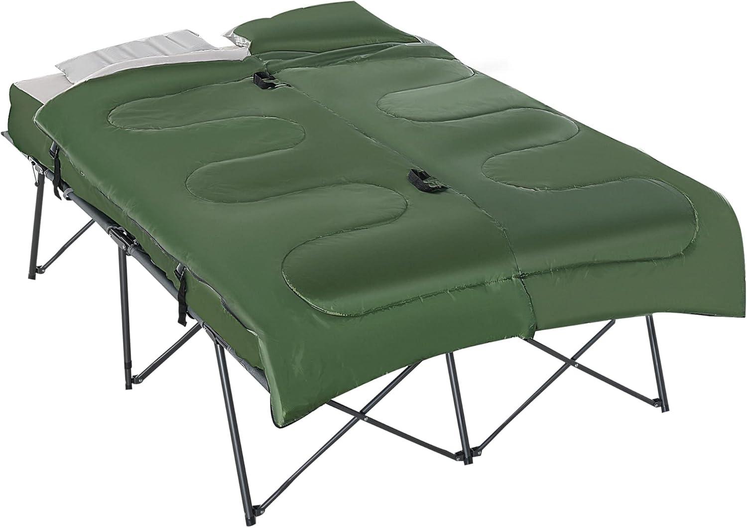 Outsunny Green 2-Person Folding Camping Cot with Air Mattress and Pillows