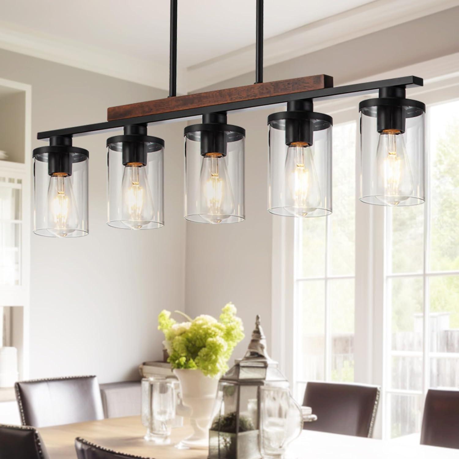 Black Farmhouse Chandelier, 5-Light Island Lights for Kitchen in Metal Finish with Clear Glass Shades, 37" Dining Room Chandelier, Linear Pendant Lighting for Foyer, Bar, Pool Table