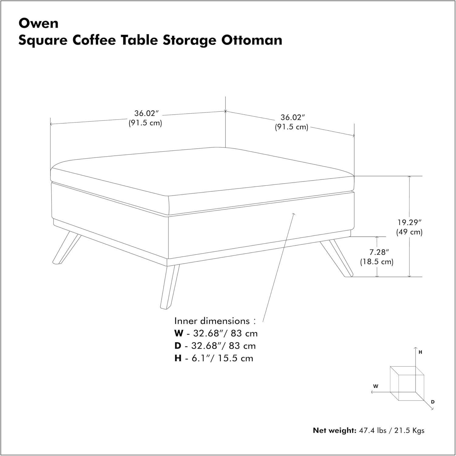 Simpli Home Owen 36"W Upholstered Square Coffee Table Storage Ottoman with Lift Top and Solid Wood Legs