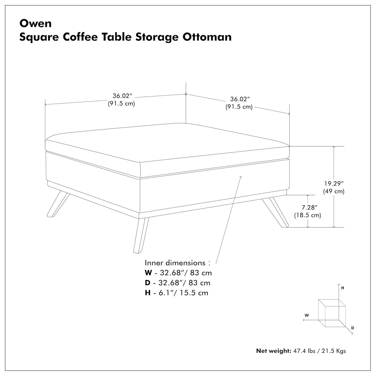 Simpli Home Owen 36"W Upholstered Square Coffee Table Storage Ottoman with Lift Top and Solid Wood Legs