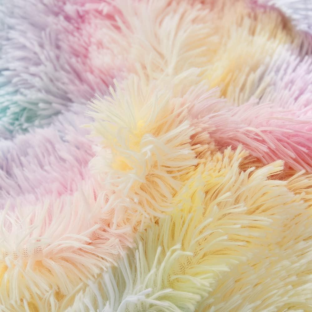 SUCSES Pink Fluffy Full Size Bedding Sets for Girls Faux Fur Plush Shaggy Kids Duvet Cover Set Colorful Rainbow Furry Comforter Cover Set Tie Dye Teen Girl Bed Set (Pink, Full)