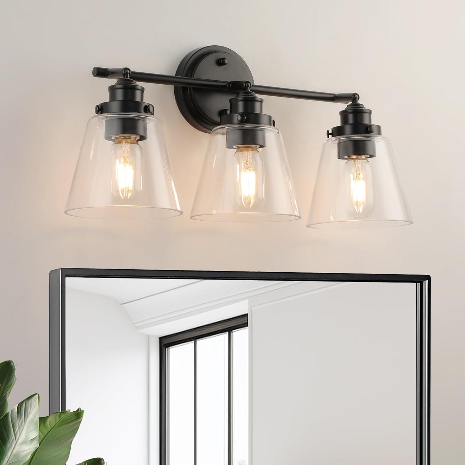 3-Light Bathroom Light Fixtures Bathroom Vanity Lights with Clear Glass Shades Matte Black Bathroom Light Fixtures over mirror for Mirror Living Room Cabinet Bedroom Porch