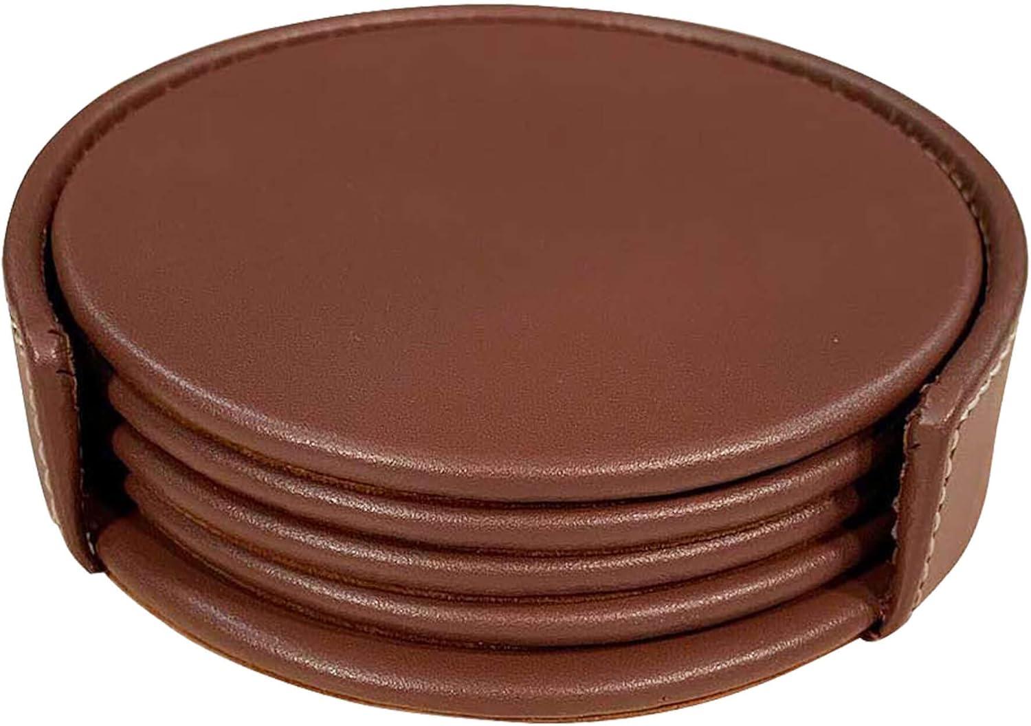 Dacasso A3245 Rustic Leather 4 Round Coaster Set with Holder