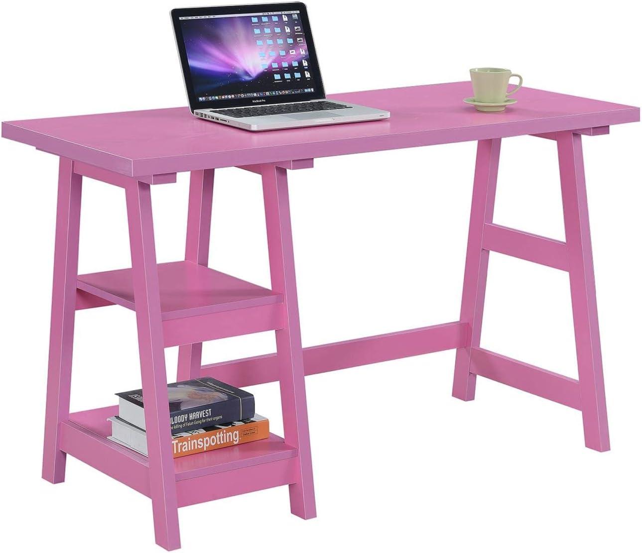 Convenience Concepts Designs2Go 29.25" Tall Trestle Desk with Shelves, Pink