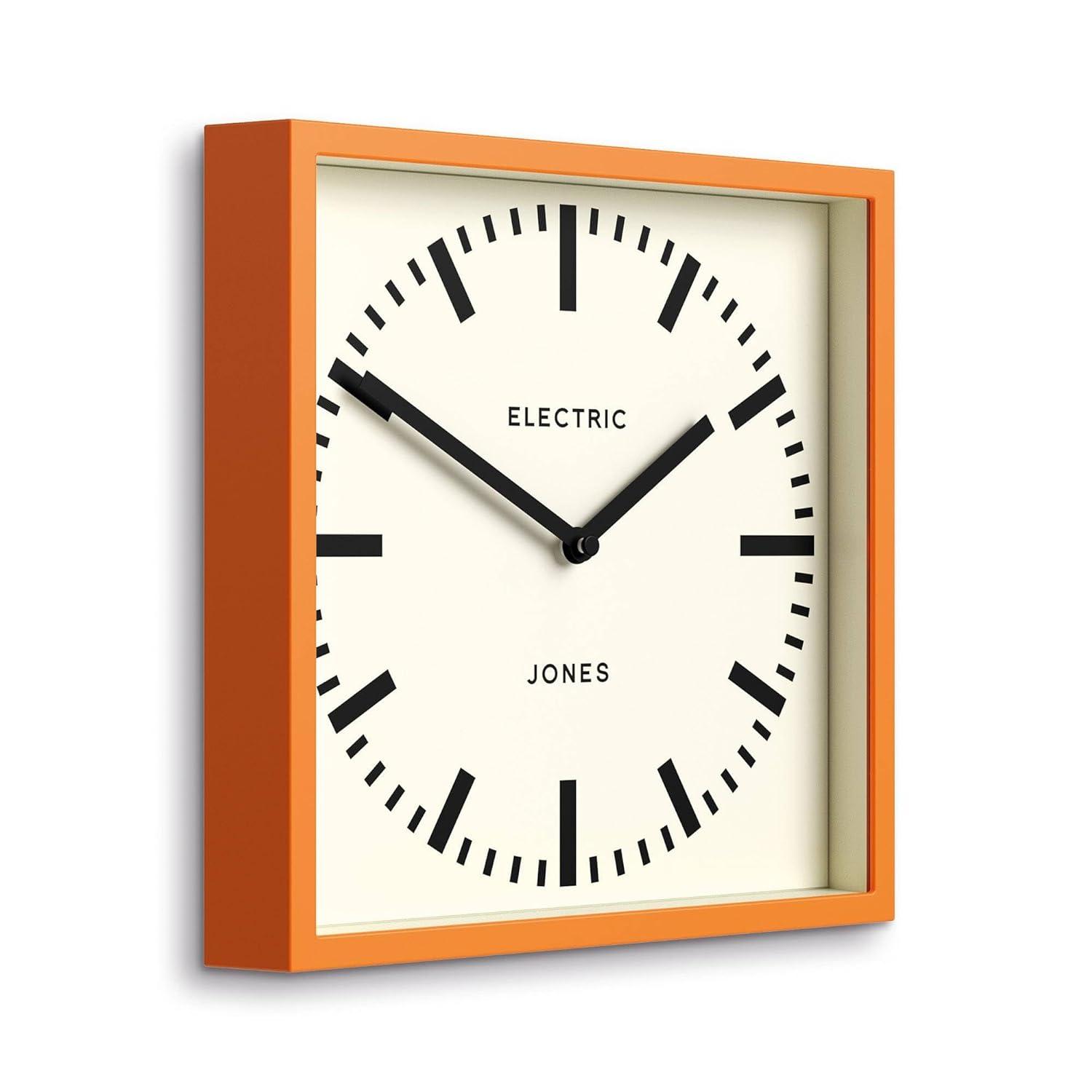 JONES CLOCKS® Box Railway Wall Clock | Square Station Clock | 10 inch | Cool Designer Look for Kitchen, Living Room or Office (Orange)