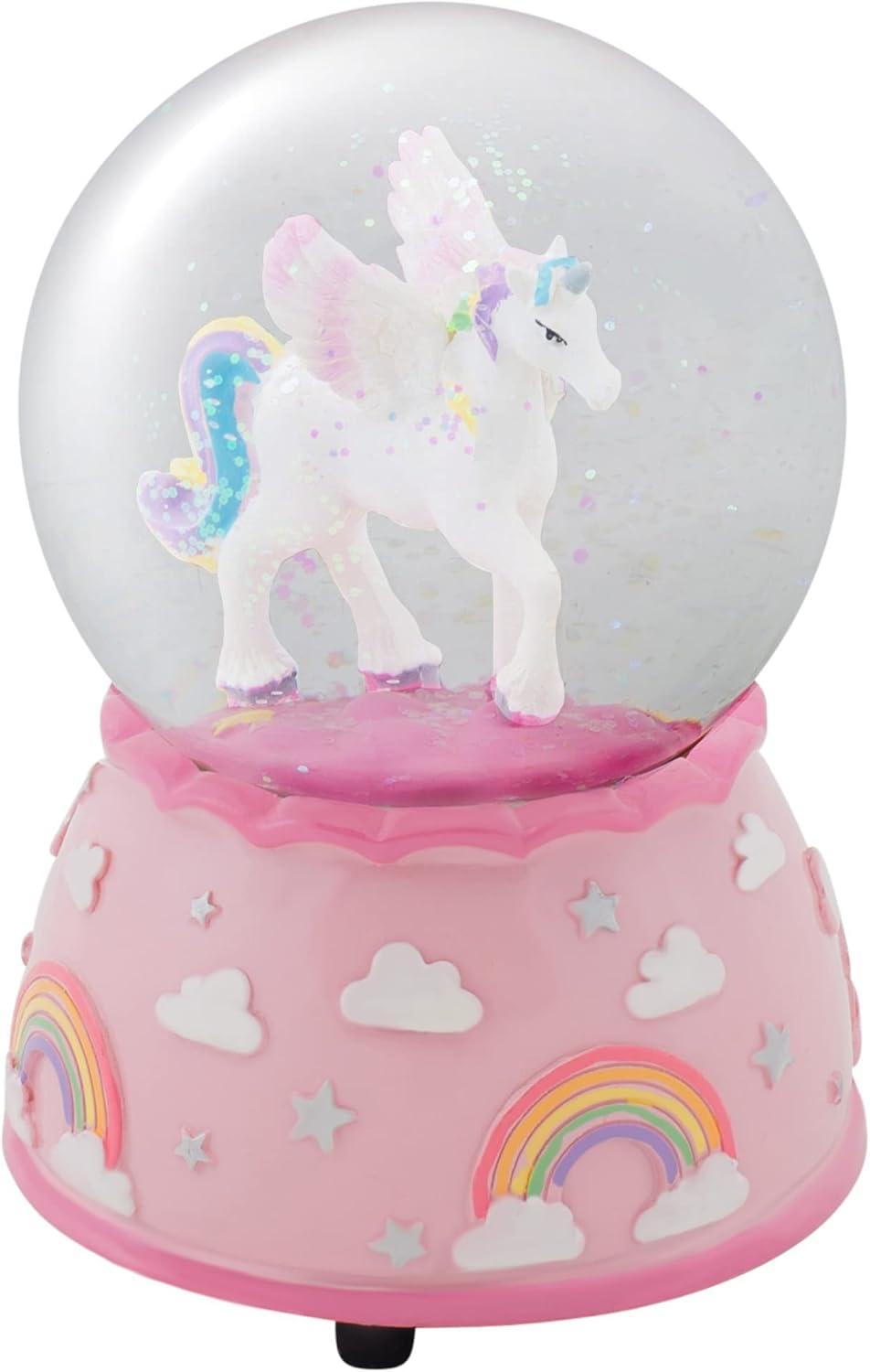 Pink Resin Unicorn and Rainbow Musical Snow Globe