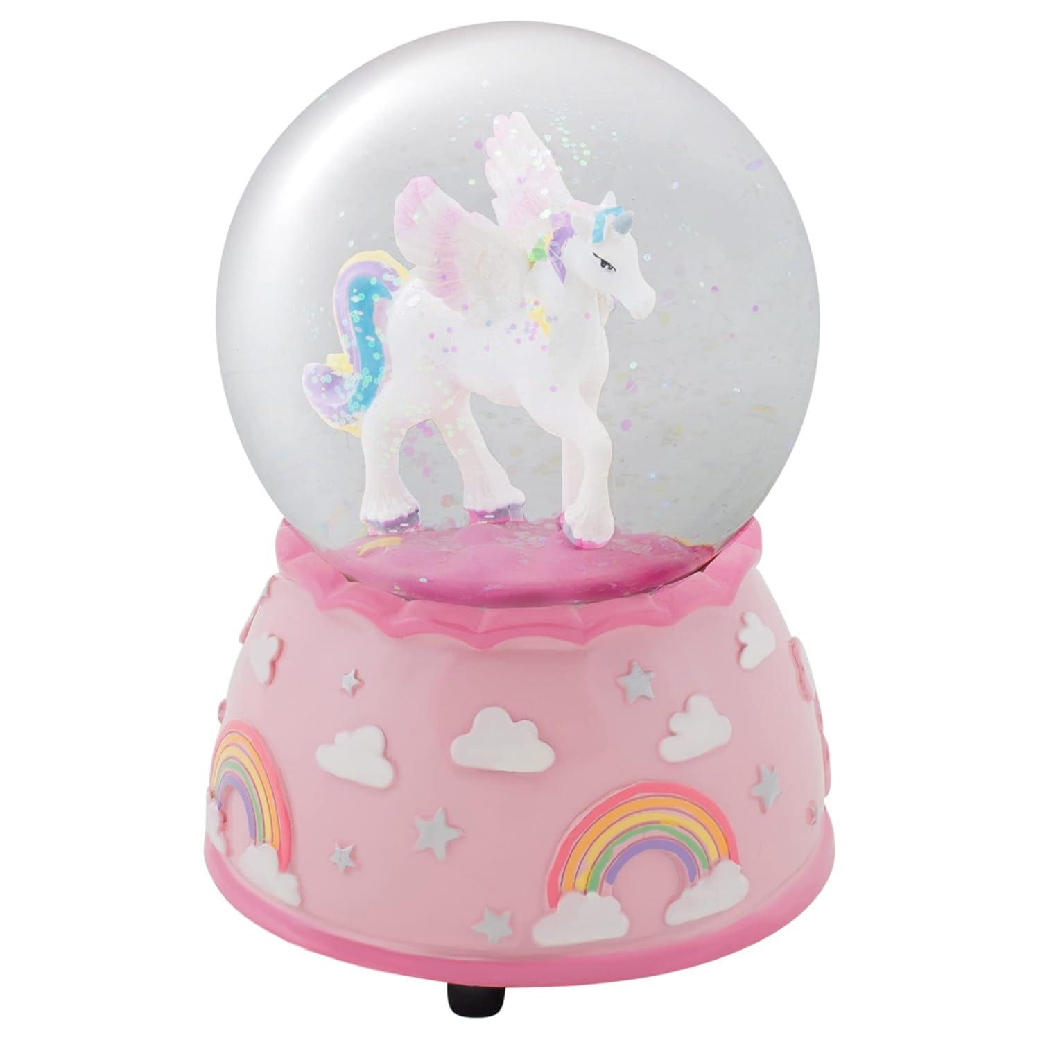 Pink Resin Unicorn and Rainbow Musical Snow Globe