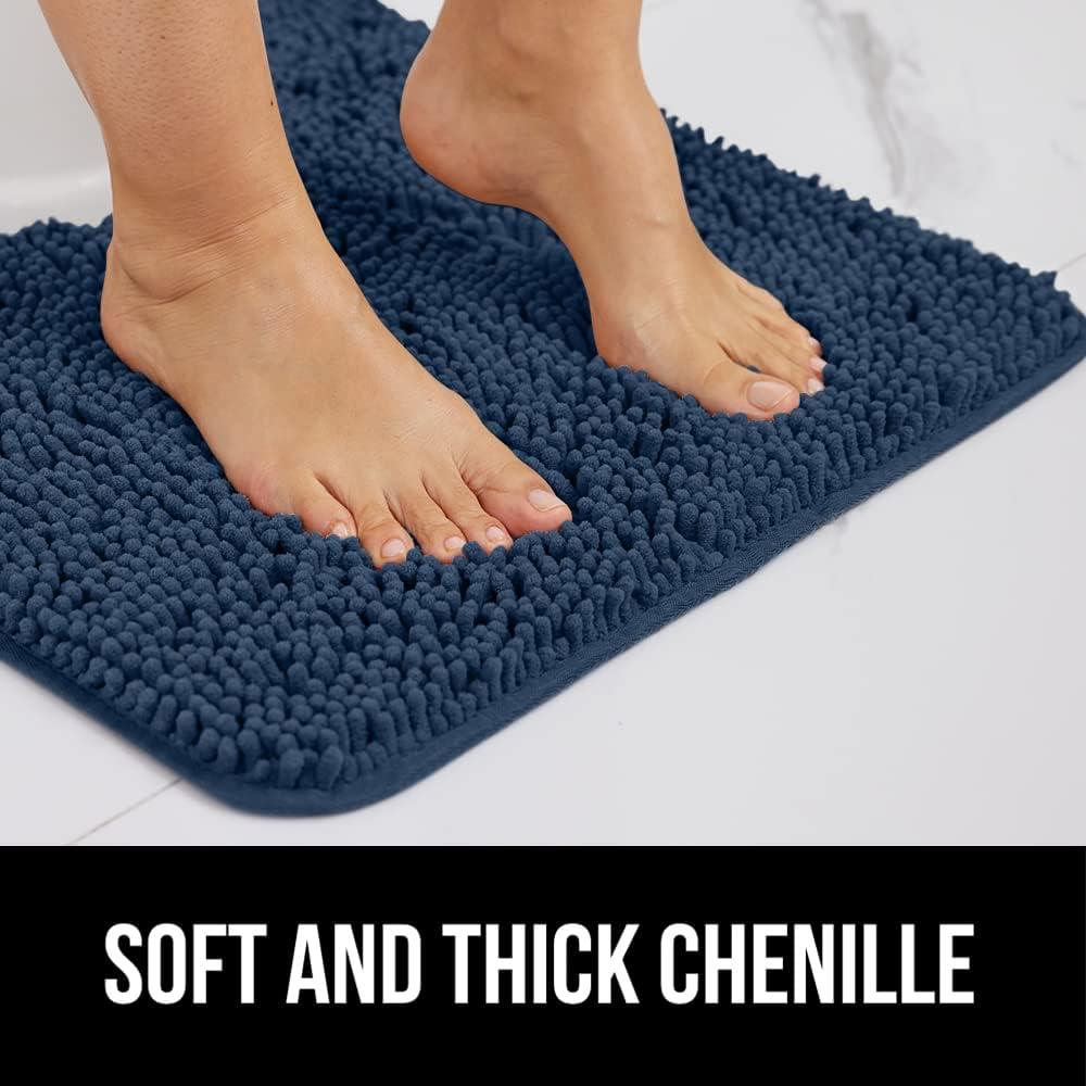 GORILLA GRIP Chenille Bath Rug 24x17, Rubber Backing Quick Dry Washable Microfiber Mats, Navy