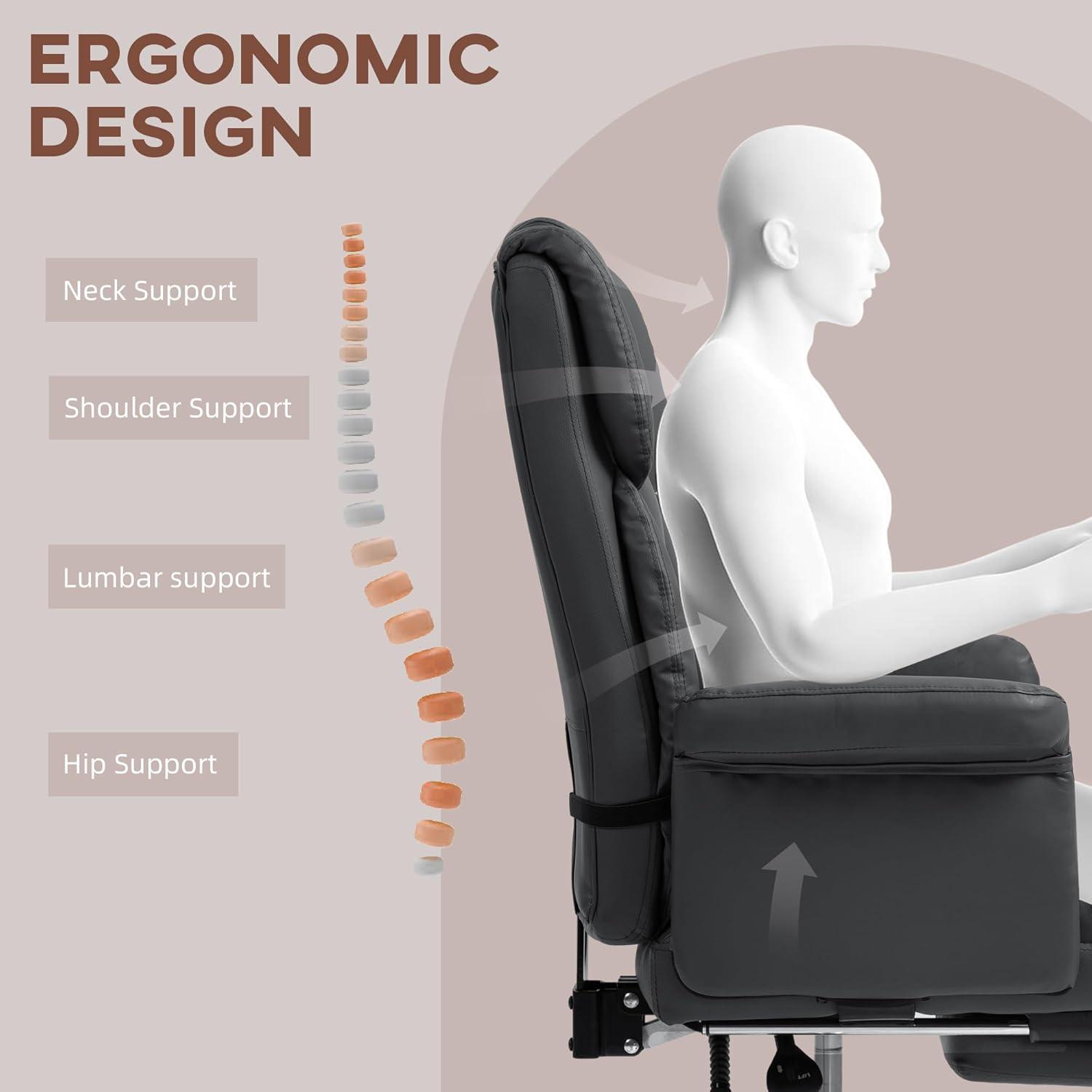 HOMCOM Executive Office Chair with Footrest and Lumbar Support, PU Leather Office Desk Chair, Ergonomic, Reclining and Swivel Chair