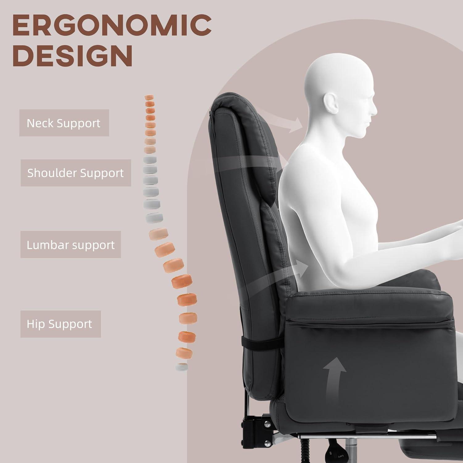 HOMCOM Executive Office Chair with Footrest and Lumbar Support, PU Leather Office Desk Chair, Ergonomic, Reclining and Swivel Chair, Black