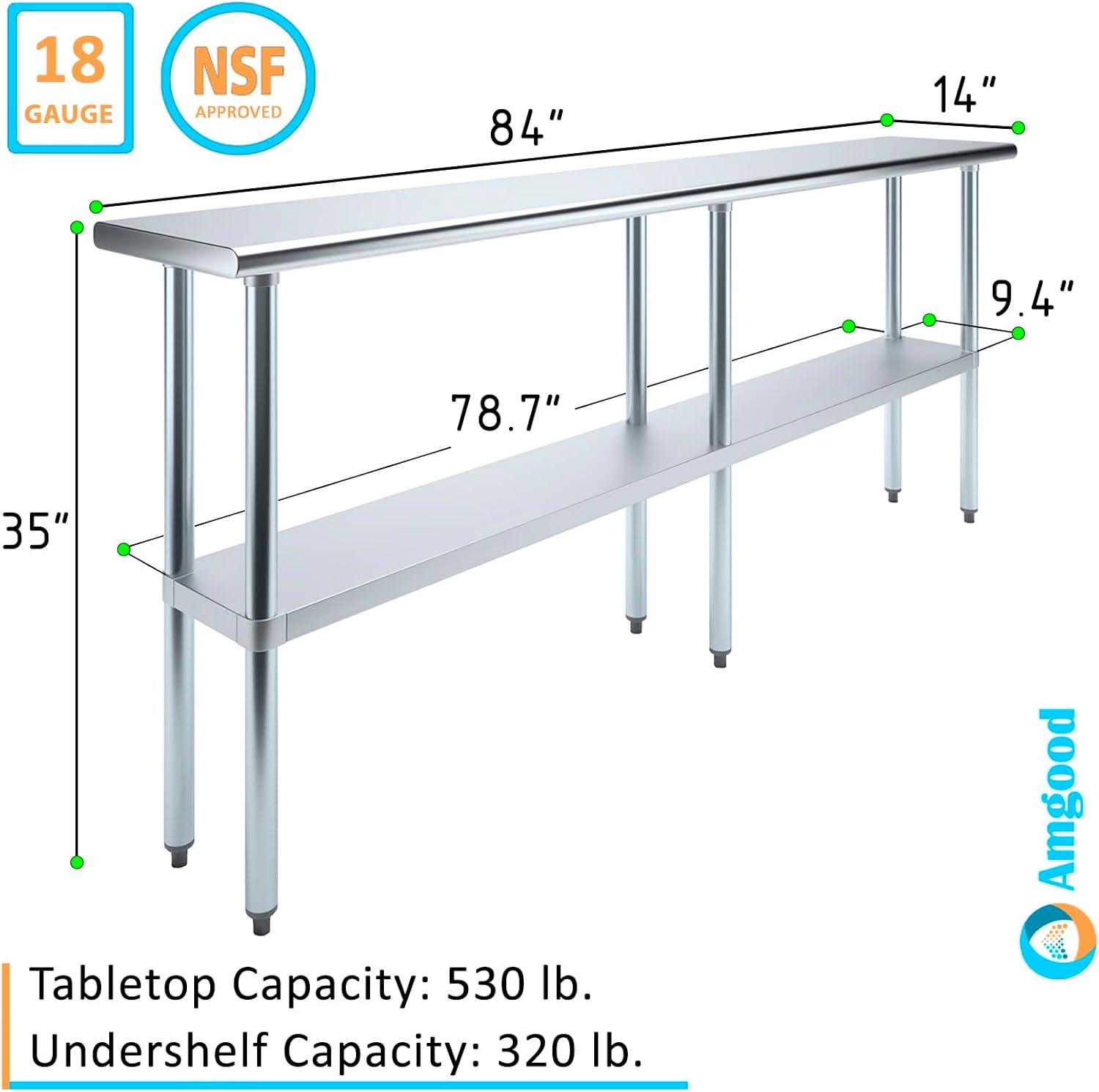 AmGood 14 in. x 84 in. Stainless Steel Table with Two Undershelves | Metal Utility Kitchen Prep Work Table | NSF