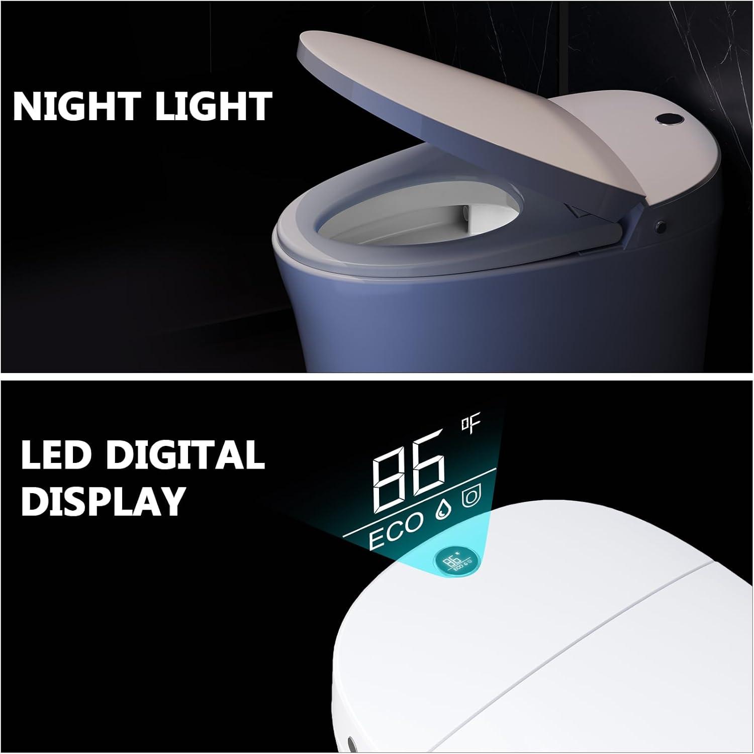 Smart Toilet with Warm Water Sprayer, Foot Sensor Operation, Heated Bidet Seat, Raised Tankless Toilet with LED Display