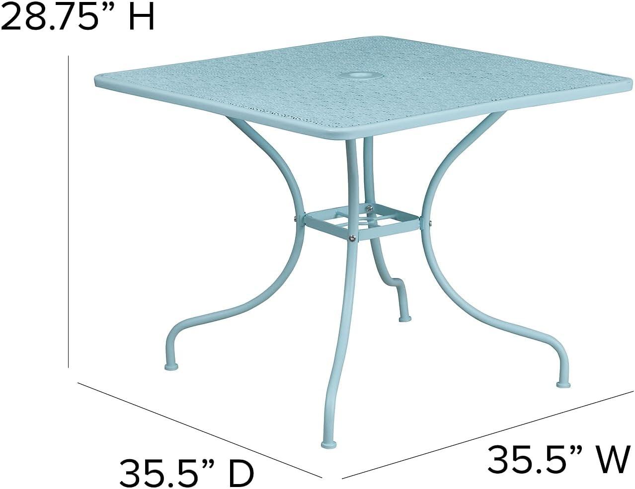 Flash Furniture Oia Commercial Grade 35.5" Square Sky Blue Indoor-Outdoor Steel Patio Table with Umbrella Hole